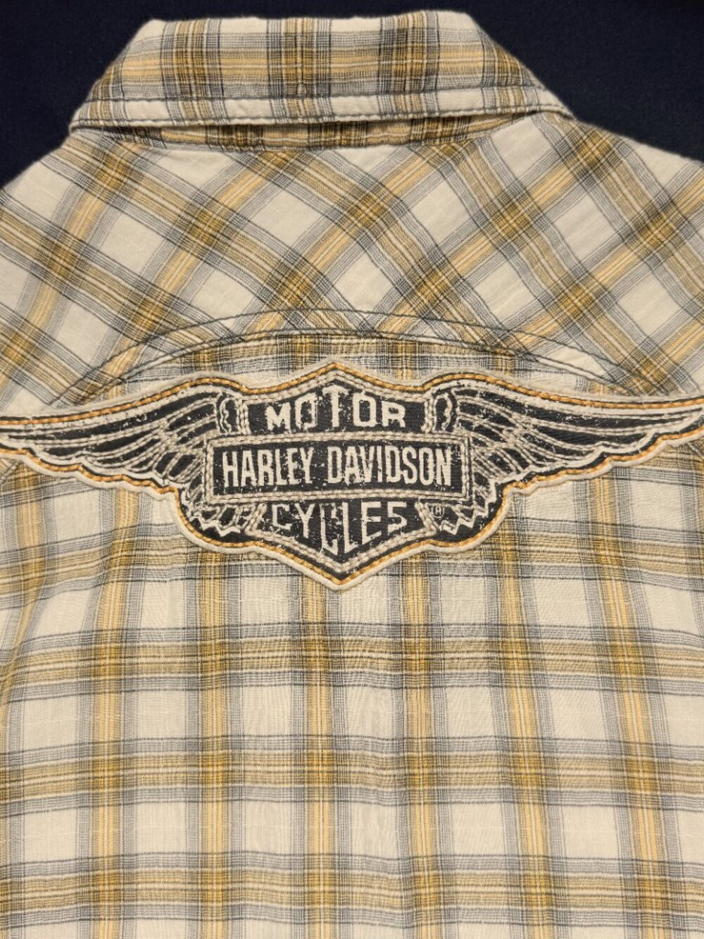 Harley Davidson Womens Shirt Large Brown Plaid Embroidered Long Sleeve Stretch